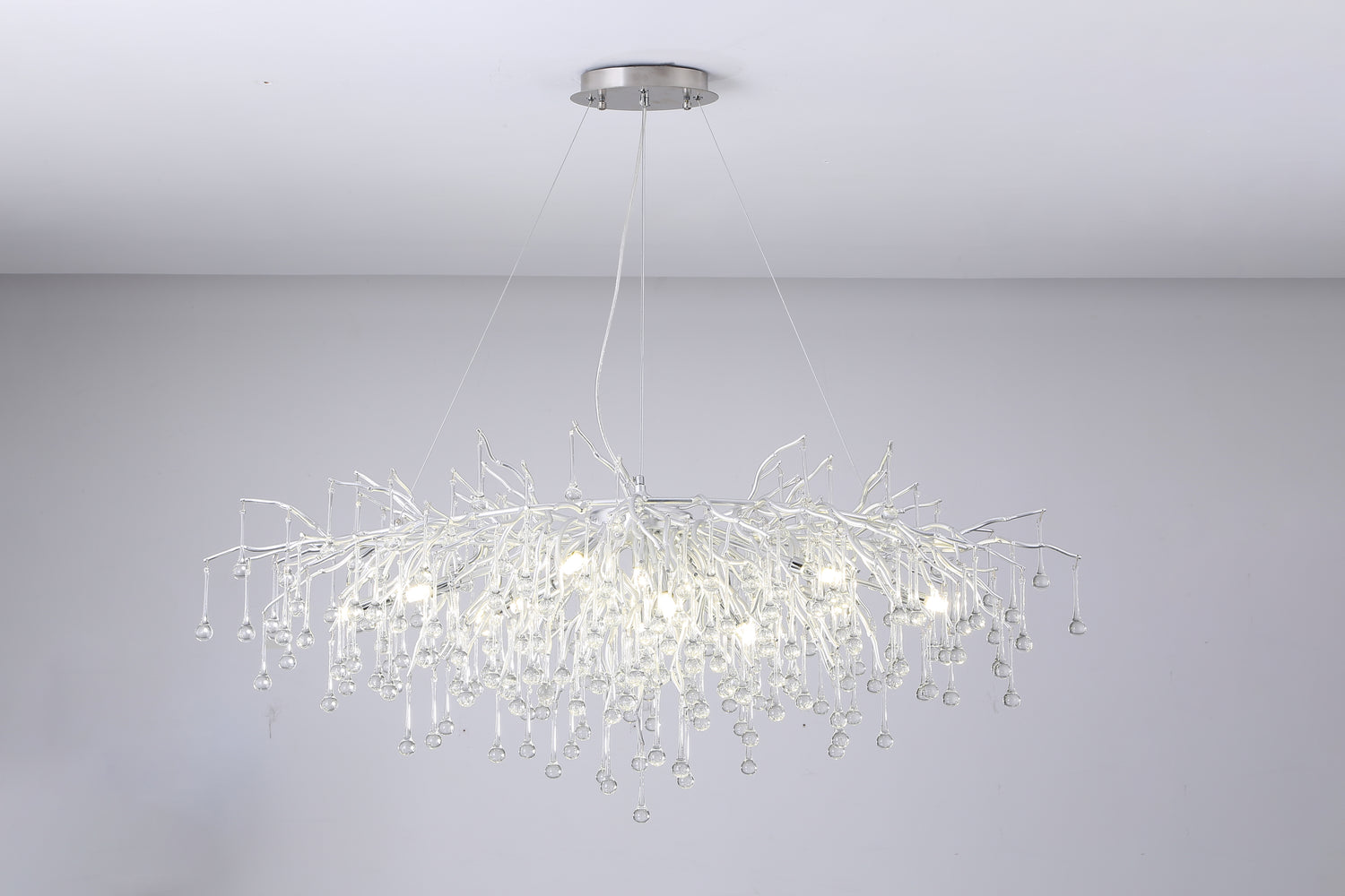 Small Water Drop Branch Rectangular Pendant 115cm - Silver
