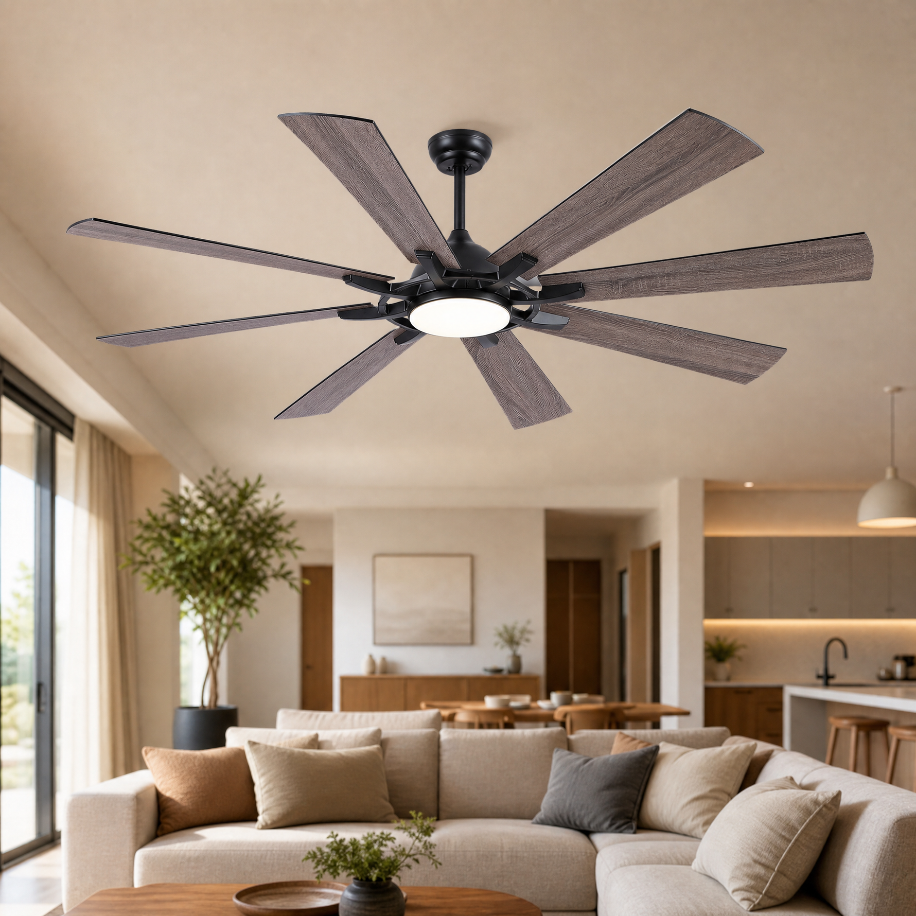 Industrial 8-Blade Ceiling Fan with LED Disc Light