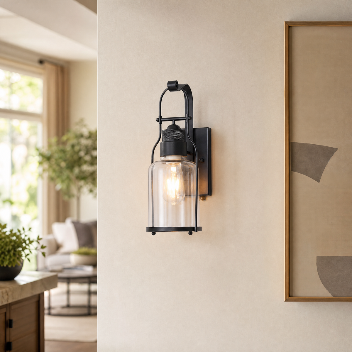 Industrial Black Iron Clear Glass Hanging Wall Lantern