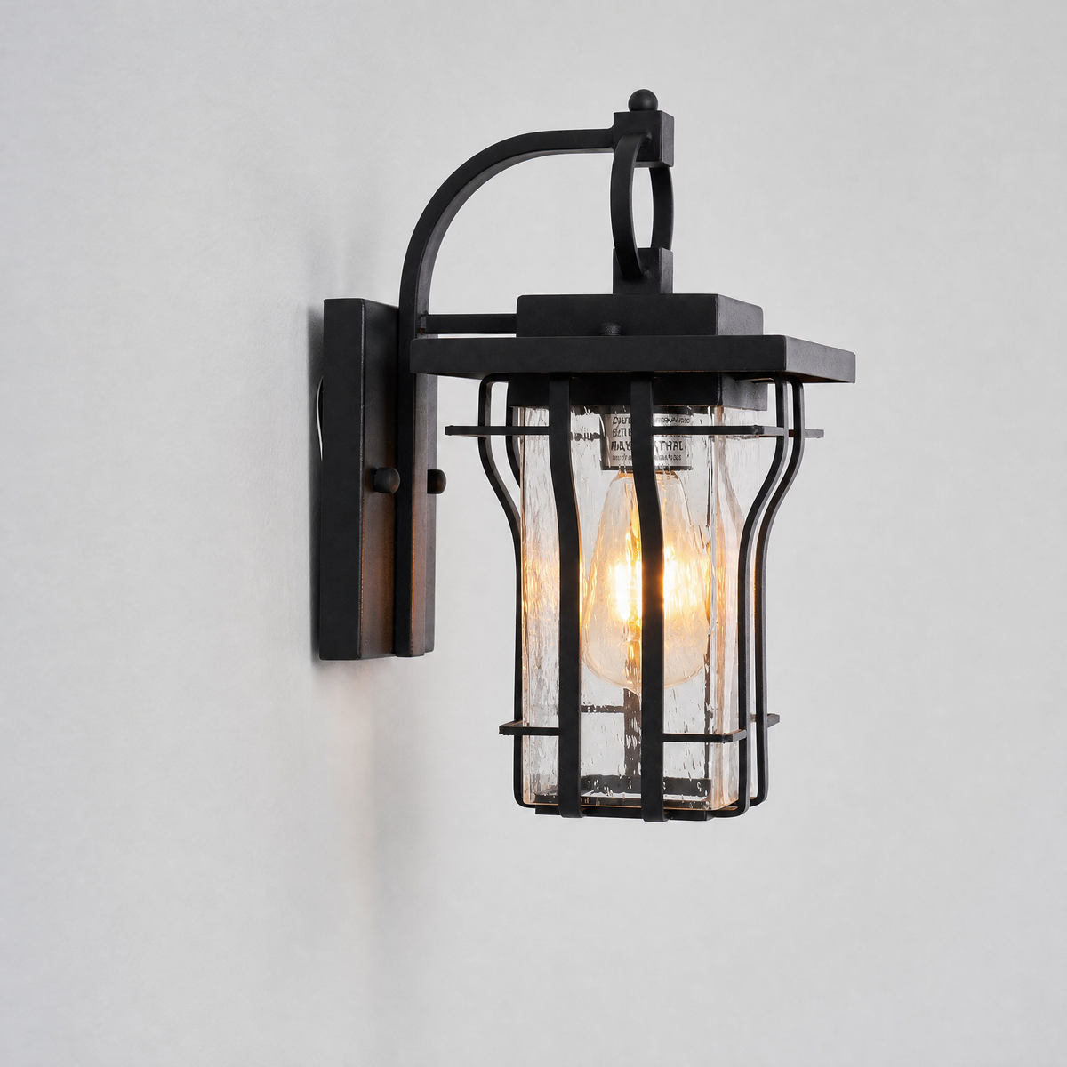 Industrial Matte Black Caged Seeded Glass Outdoor Wall Lantern