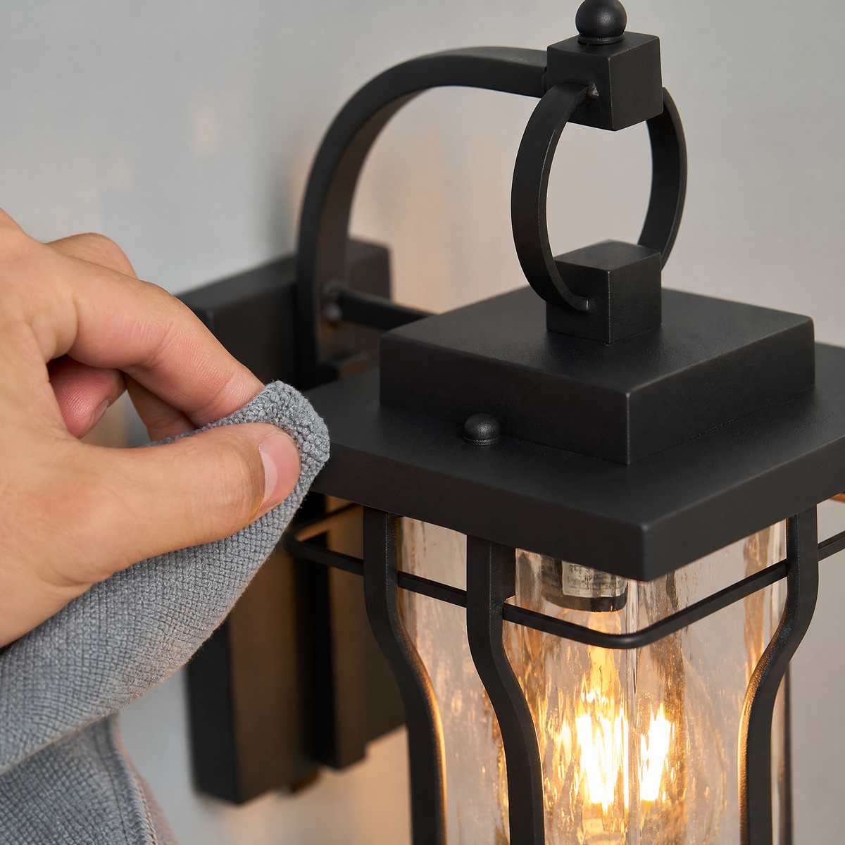 Industrial Matte Black Caged Seeded Glass Outdoor Wall Lantern