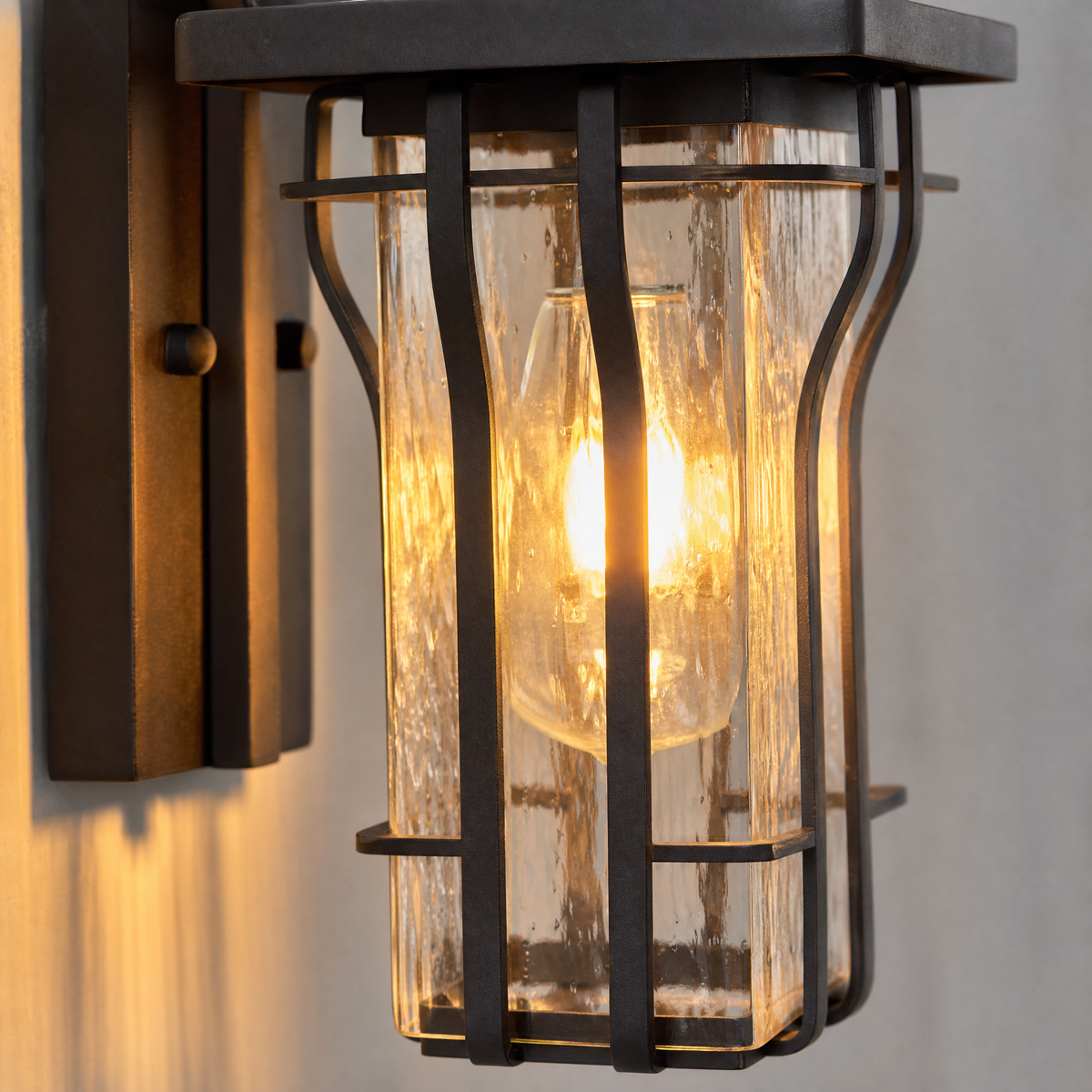 Industrial Matte Black Caged Seeded Glass Outdoor Wall Lantern
