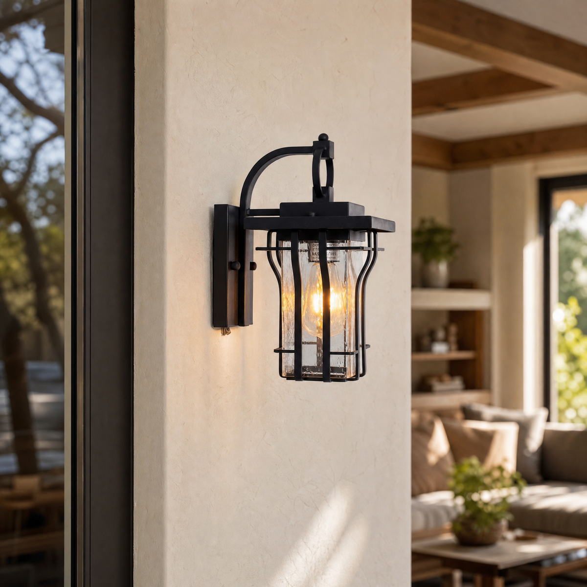 Industrial Matte Black Caged Seeded Glass Outdoor Wall Lantern