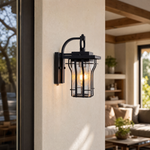 Industrial Matte Black Caged Seeded Glass Outdoor Wall Lantern