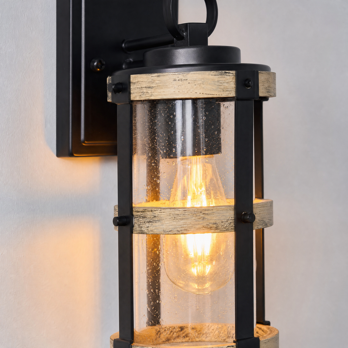 Industrial Matte Black Caged Seeded Glass Outdoor Wall Sconce