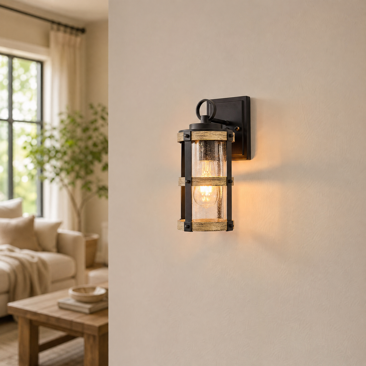 Industrial Matte Black Caged Seeded Glass Outdoor Wall Sconce