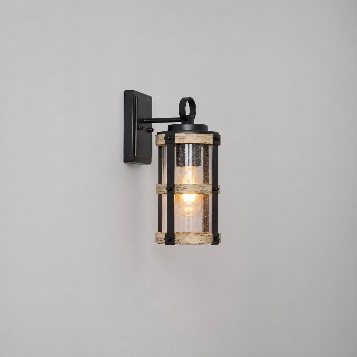 Industrial Matte Black Caged Seeded Glass Outdoor Wall Sconce