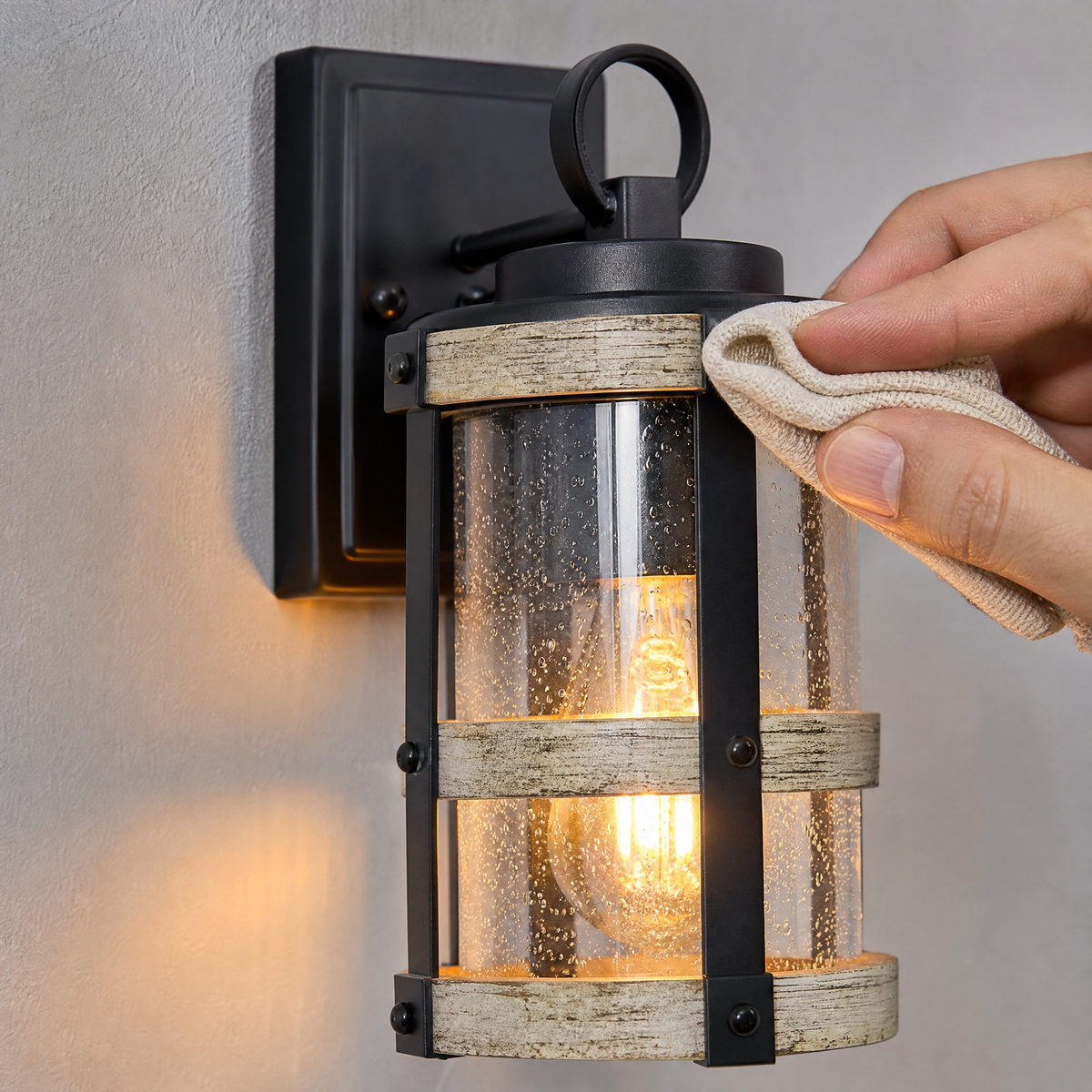 Industrial Matte Black Caged Seeded Glass Outdoor Wall Sconce