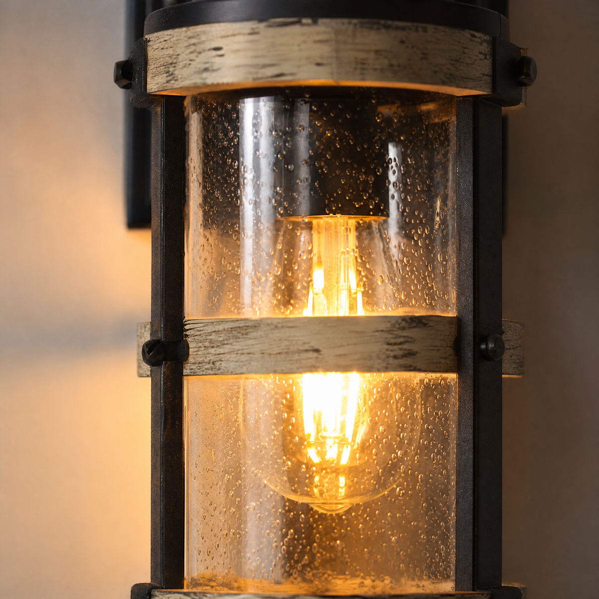 Industrial Matte Black Caged Seeded Glass Outdoor Wall Sconce