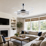 A matte black drum frame ceiling fan with cascading crystals and retractable clear acrylic blades.