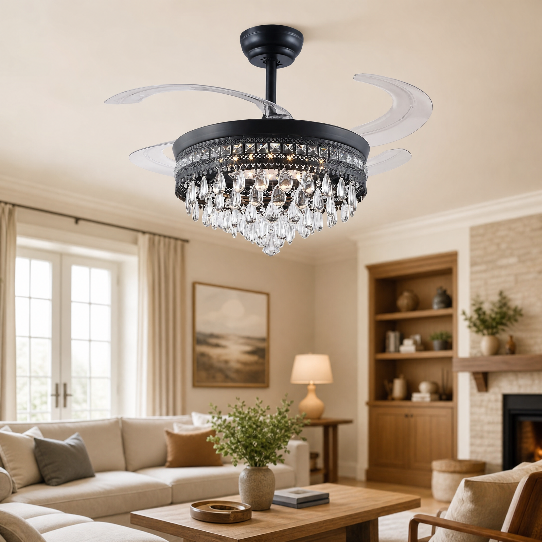 A matte black drum frame ceiling fan with cascading crystals and retractable clear acrylic blades.
