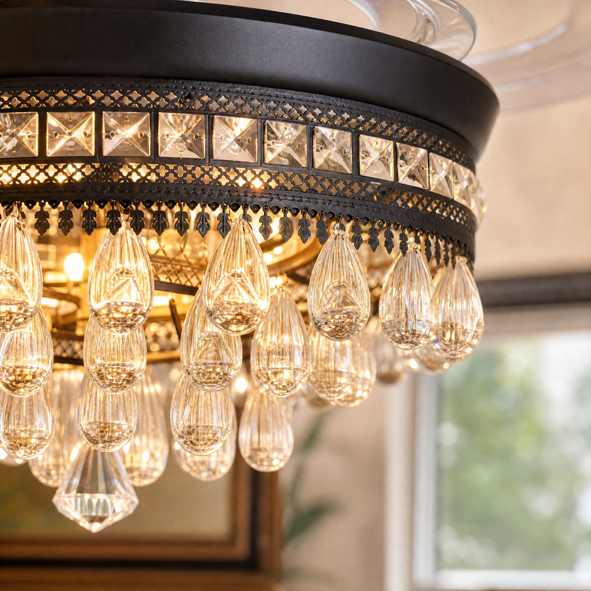A matte black drum frame ceiling fan with cascading crystals and retractable clear acrylic blades.
