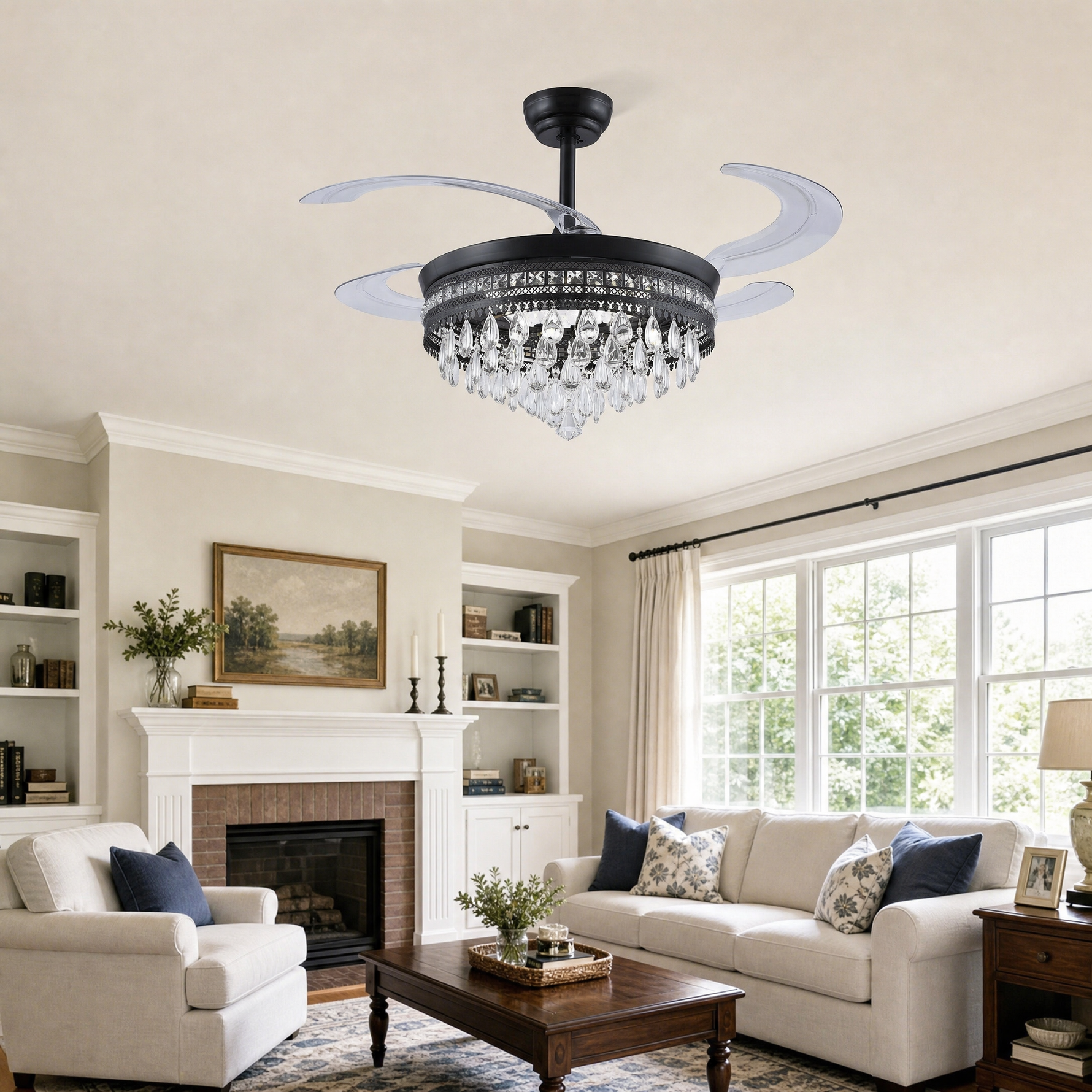 A matte black drum frame ceiling fan with cascading crystals and retractable clear acrylic blades.