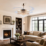 A matte black drum frame ceiling fan with cascading crystals and retractable clear acrylic blades.