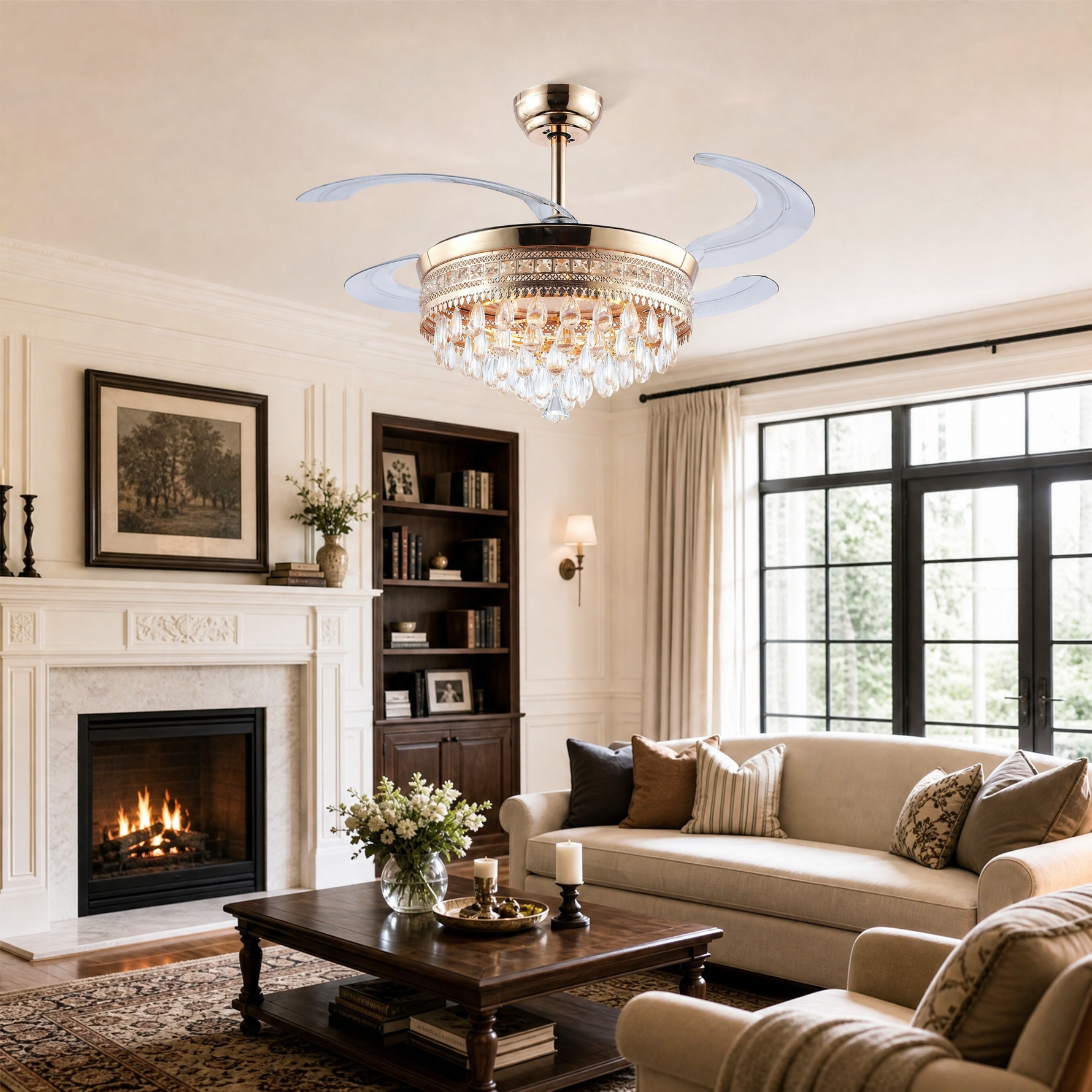 A matte black drum frame ceiling fan with cascading crystals and retractable clear acrylic blades.