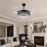 A matte black drum frame ceiling fan with cascading crystals and retractable clear acrylic blades.