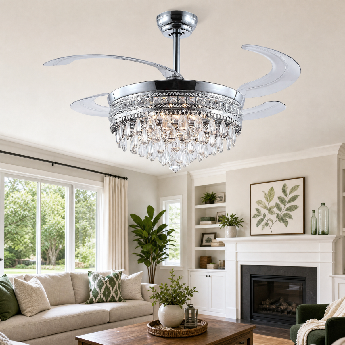 A matte black drum frame ceiling fan with cascading crystals and retractable clear acrylic blades.