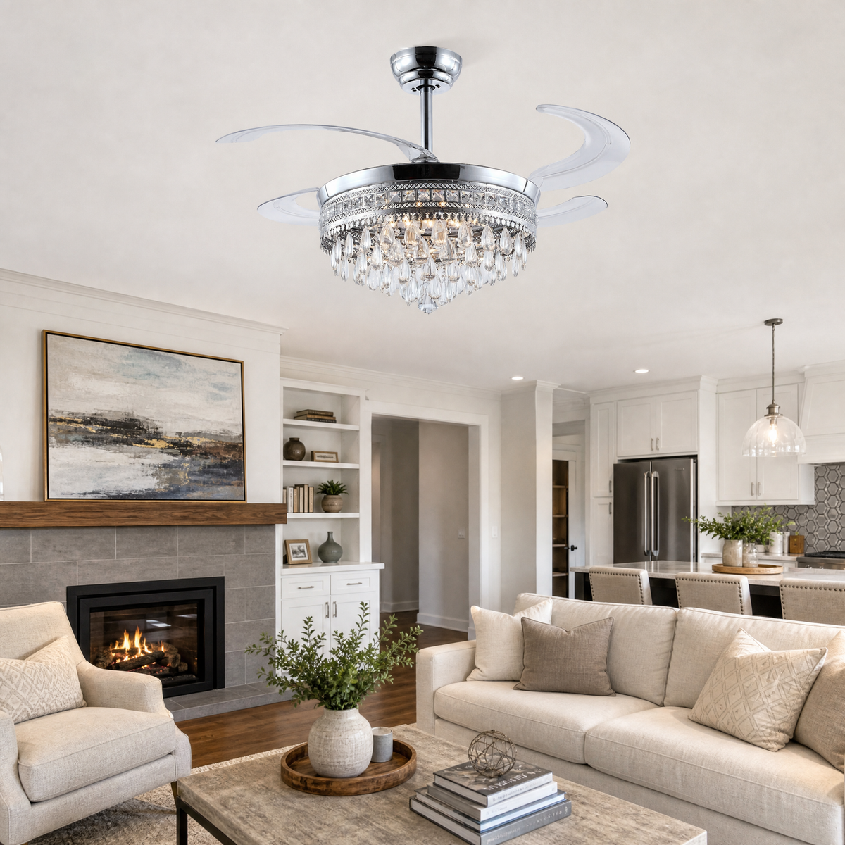 A matte black drum frame ceiling fan with cascading crystals and retractable clear acrylic blades.