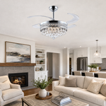 A matte black drum frame ceiling fan with cascading crystals and retractable clear acrylic blades.