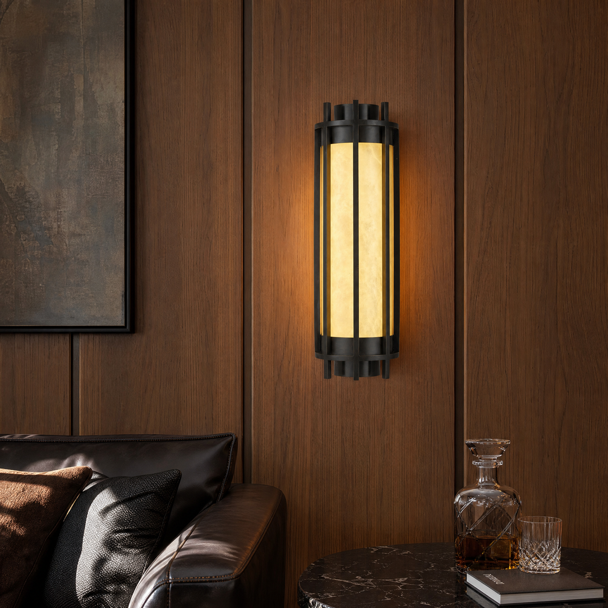 Lantern Box Round Cage Alabaster Wall Sconce