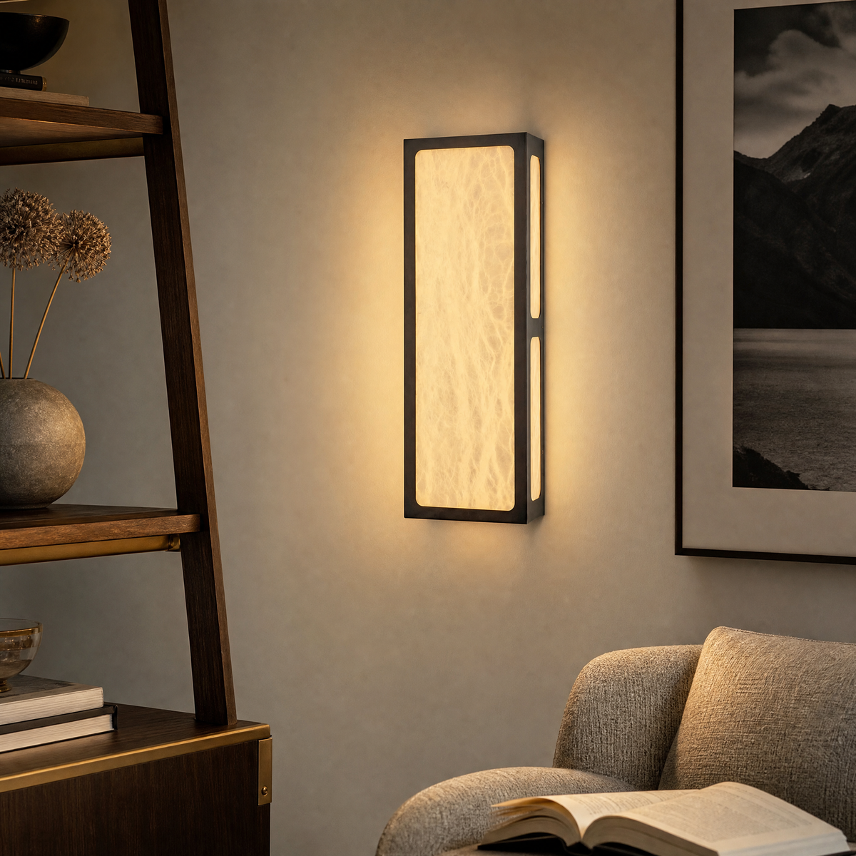 Lantern Box Tall Pillar Alabaster Wall Sconce