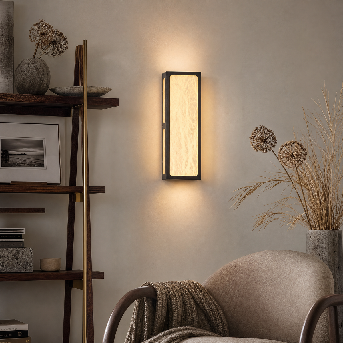 Lantern Box Tall Pillar Alabaster Wall Sconce