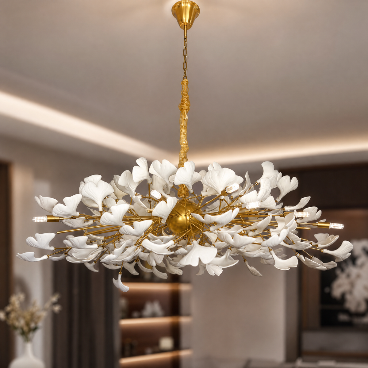 Large Ginkgo Leaf Chandelier Gold and White Pendant Light