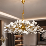 Large Ginkgo Leaf Chandelier Gold and White Pendant Light
