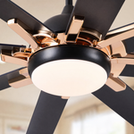 A modern eight-blade industrial ceiling fan with a matte black and rose gold finish featuring a center frosted LED light