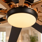 A modern eight-blade industrial ceiling fan with a matte black and rose gold finish featuring a center frosted LED light
