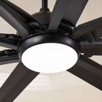 A modern eight-blade industrial ceiling fan with a matte black and rose gold finish featuring a center frosted LED light