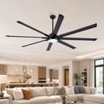 A modern eight-blade industrial ceiling fan with a matte black and rose gold finish featuring a center frosted LED light