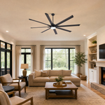 A modern eight-blade industrial ceiling fan with a matte black and rose gold finish featuring a center frosted LED light