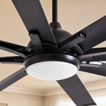 A modern eight-blade industrial ceiling fan with a matte black and rose gold finish featuring a center frosted LED light