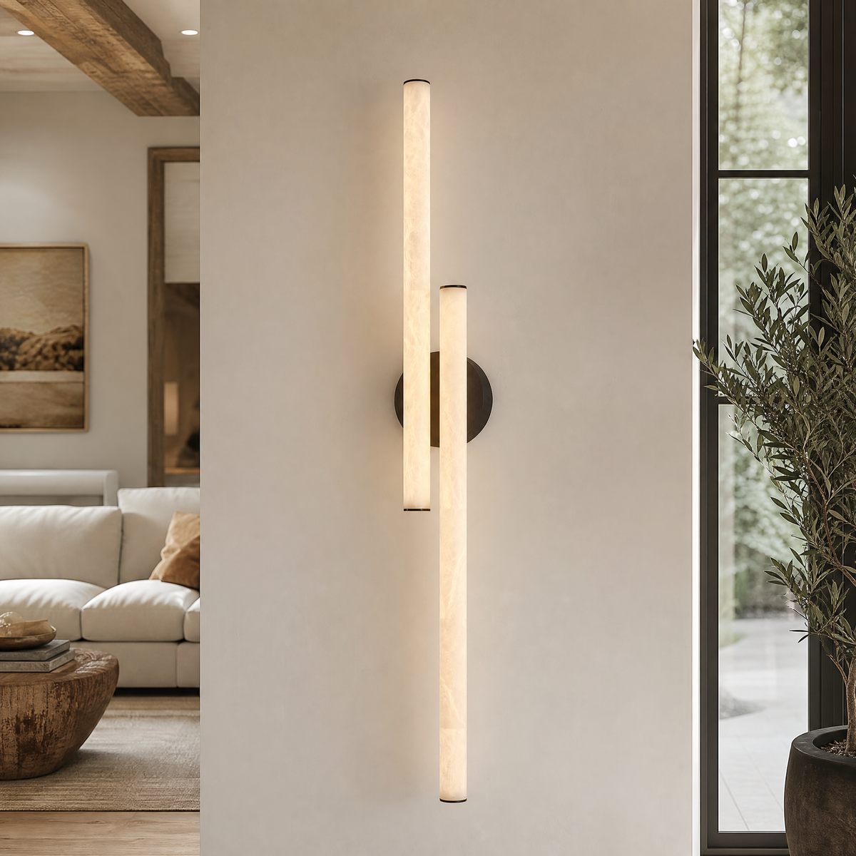 Linear Rod Crossed Alabaster Tubes Wall Sconce