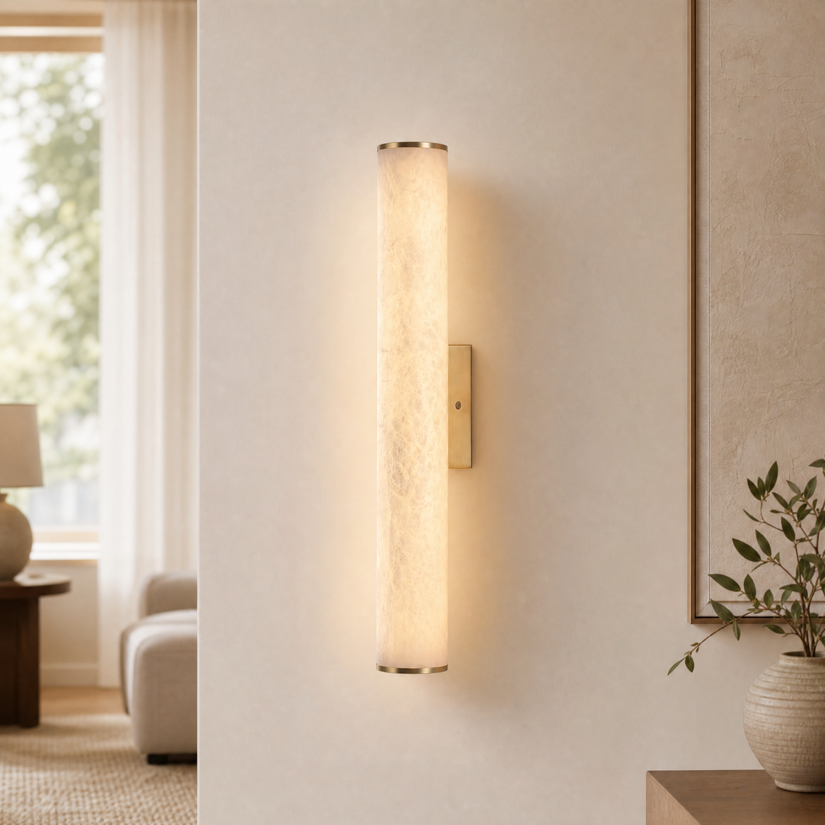 Linear Rod Tall Alabaster Column Wall Sconce