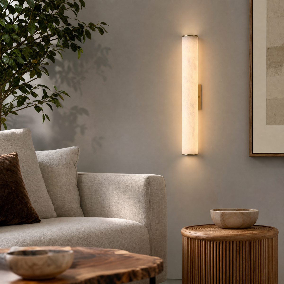 Linear Rod Tall Alabaster Column Wall Sconce