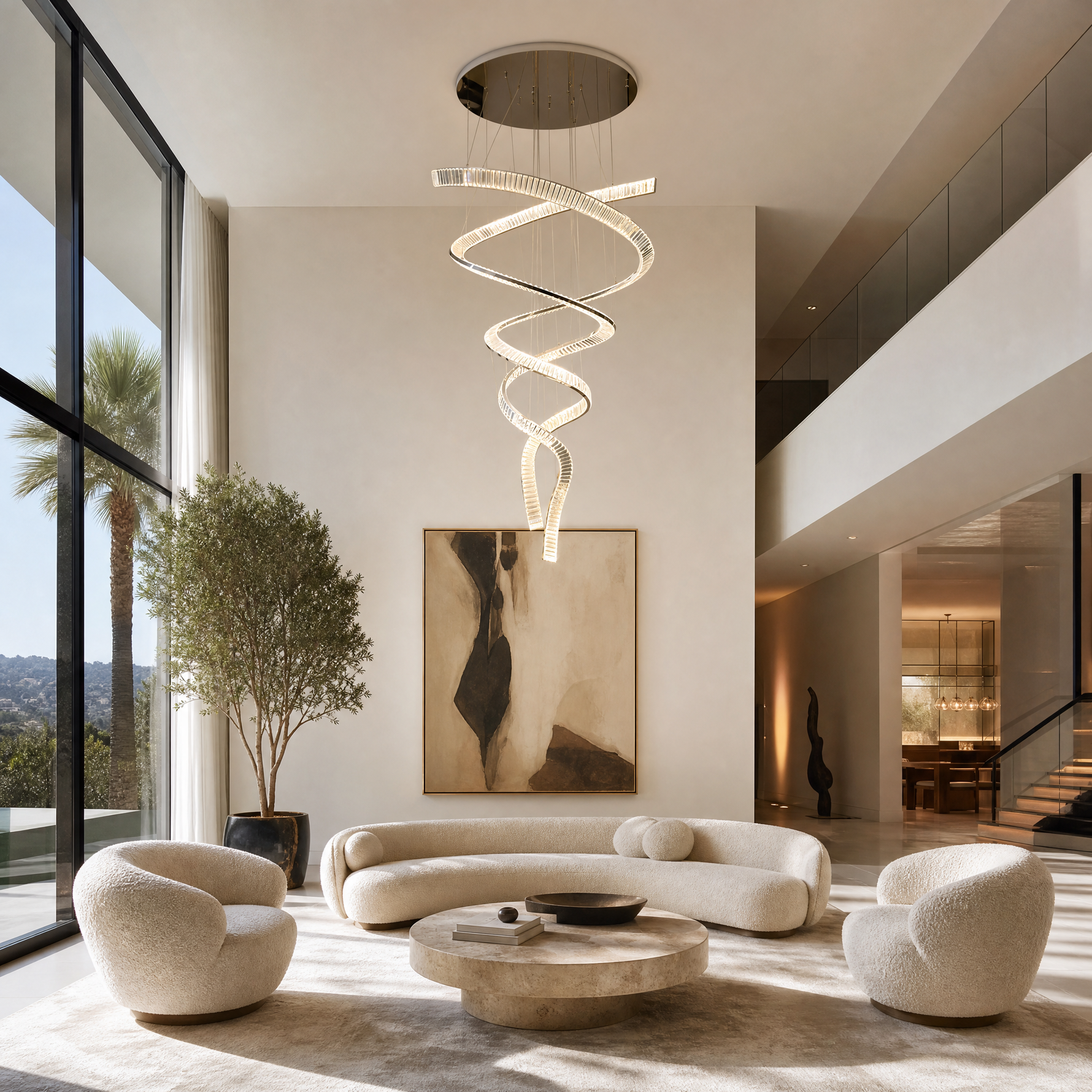 Long Spiral Crystal Chandelier with Stainless Steel Frame