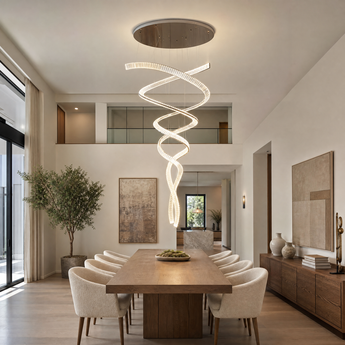 Long Spiral Crystal Chandelier with Stainless Steel Frame