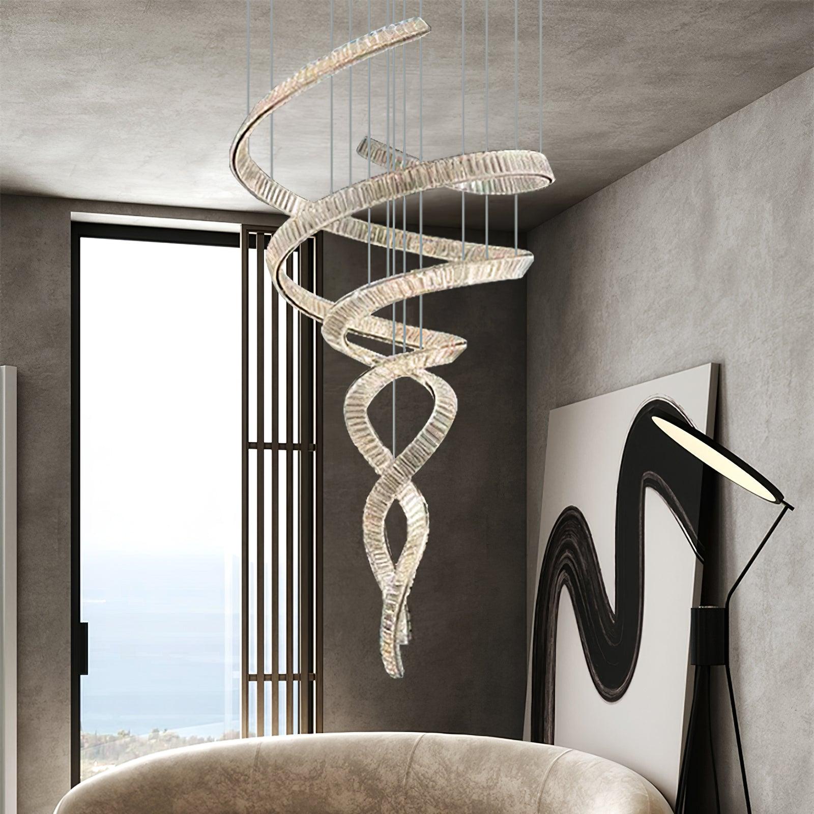 Elegant Long Spiral Crystal Chandelier with Stainless Steel Frame