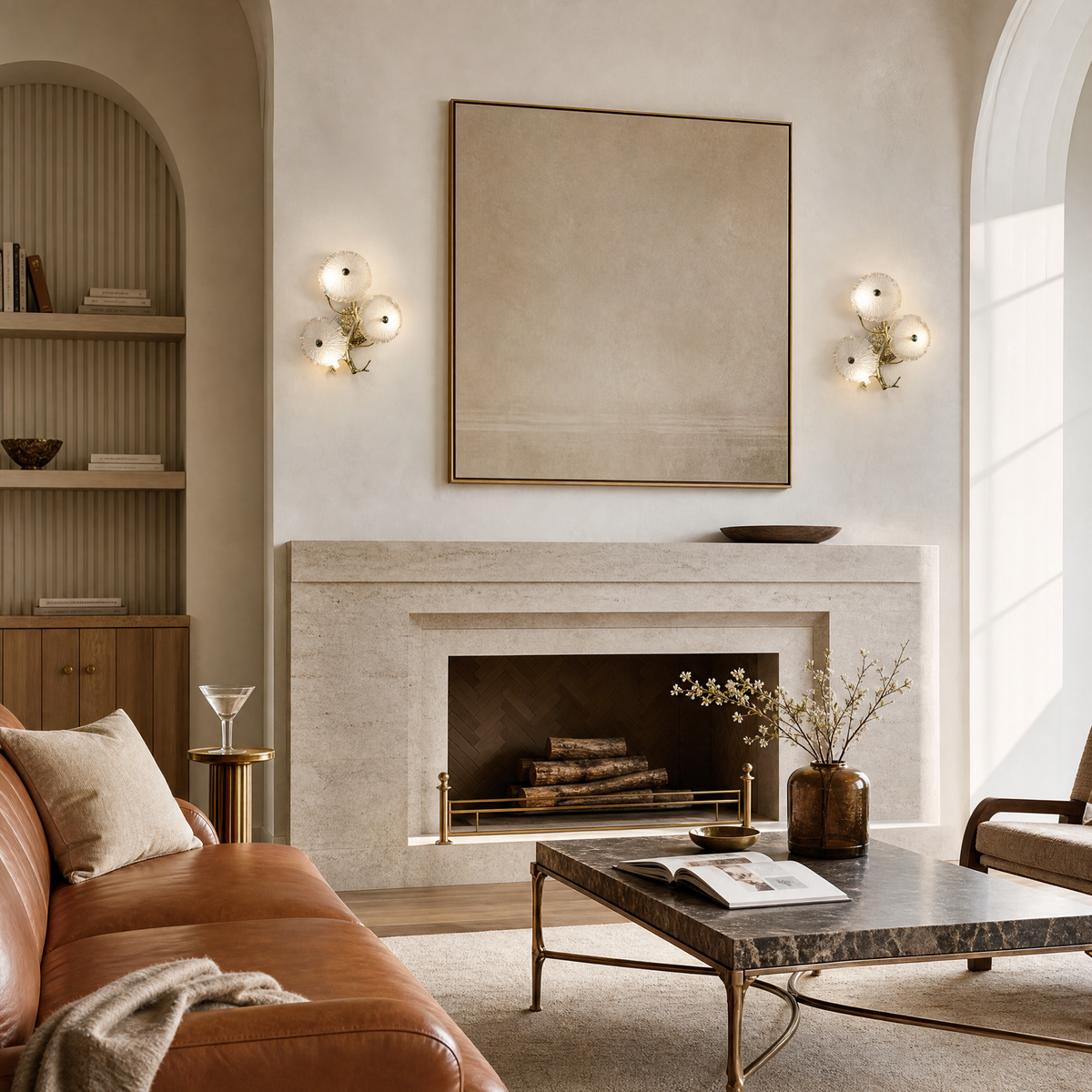 A contemporary wall sconce with three frosted glass discs clustered on a sculptural, branching arm with a warm brass finish.