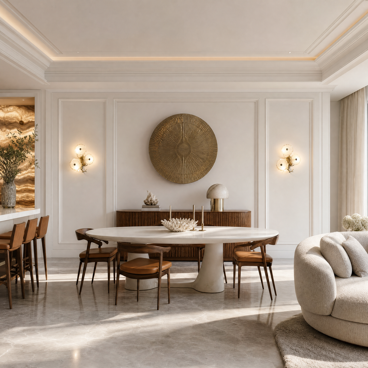 A contemporary wall sconce with three frosted glass discs clustered on a sculptural, branching arm with a warm brass finish.