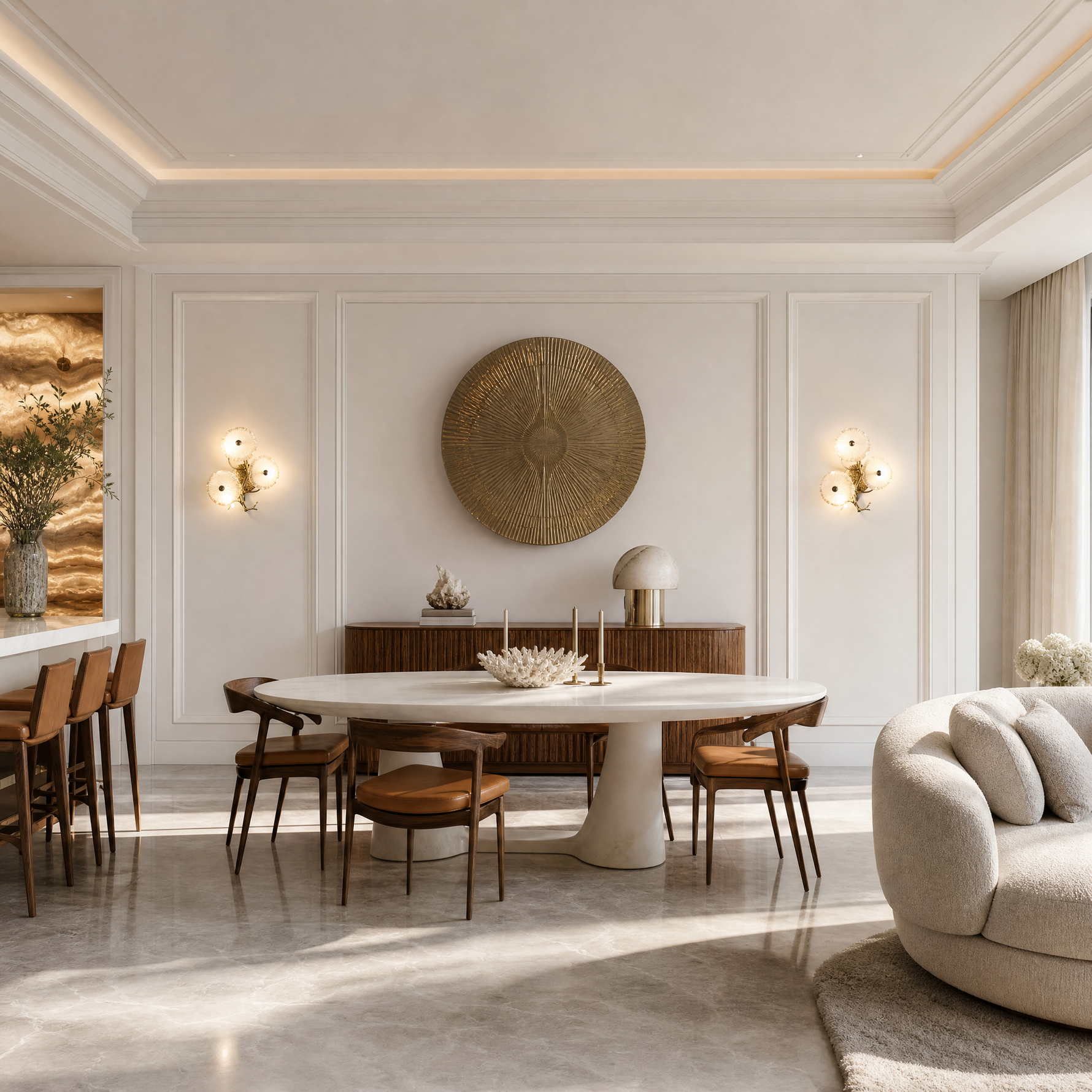 A contemporary wall sconce with three frosted glass discs clustered on a sculptural, branching arm with a warm brass finish.