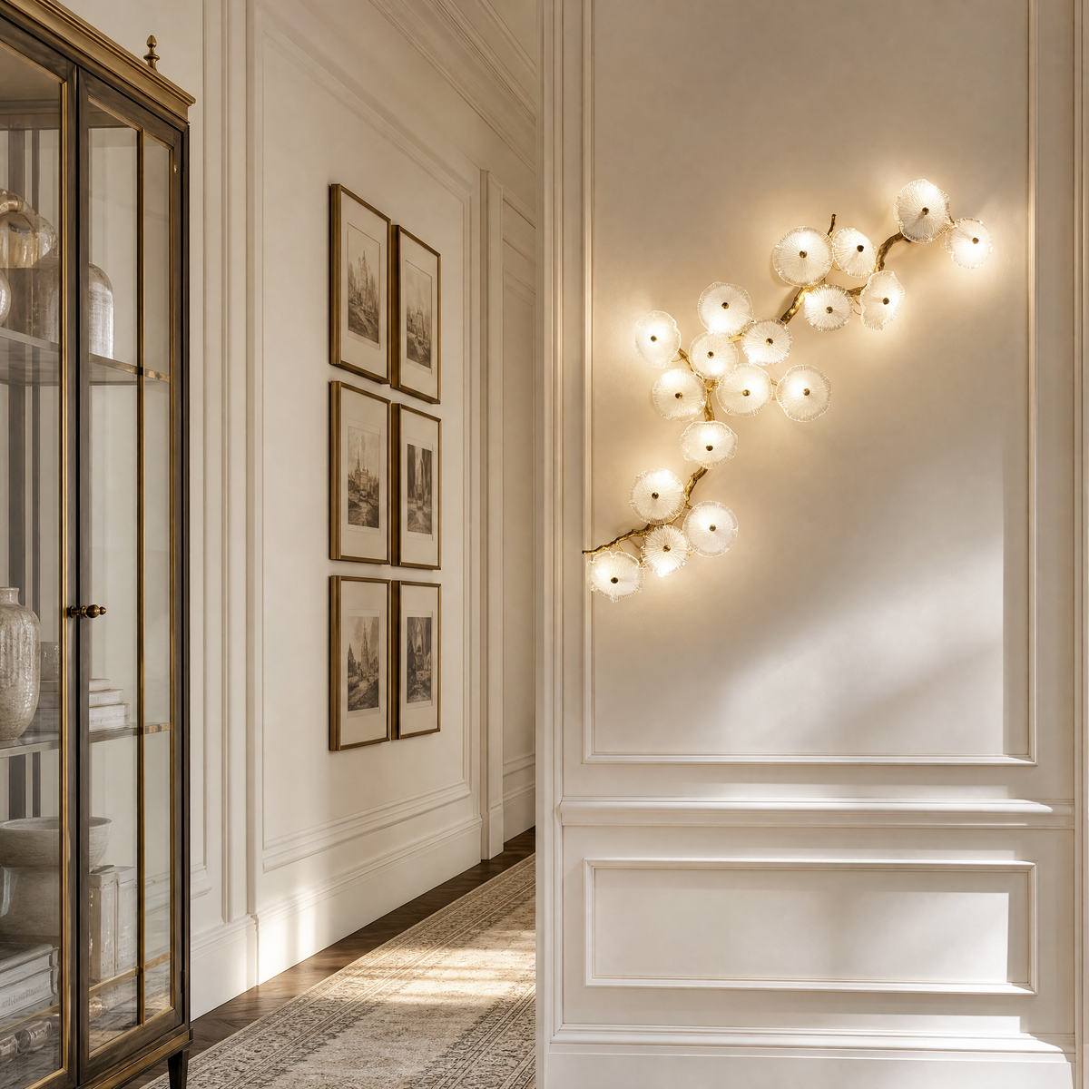 A modern wall sconce featuring an antique brass branch-like metal frame adorned with textured circular glass blossom shades.