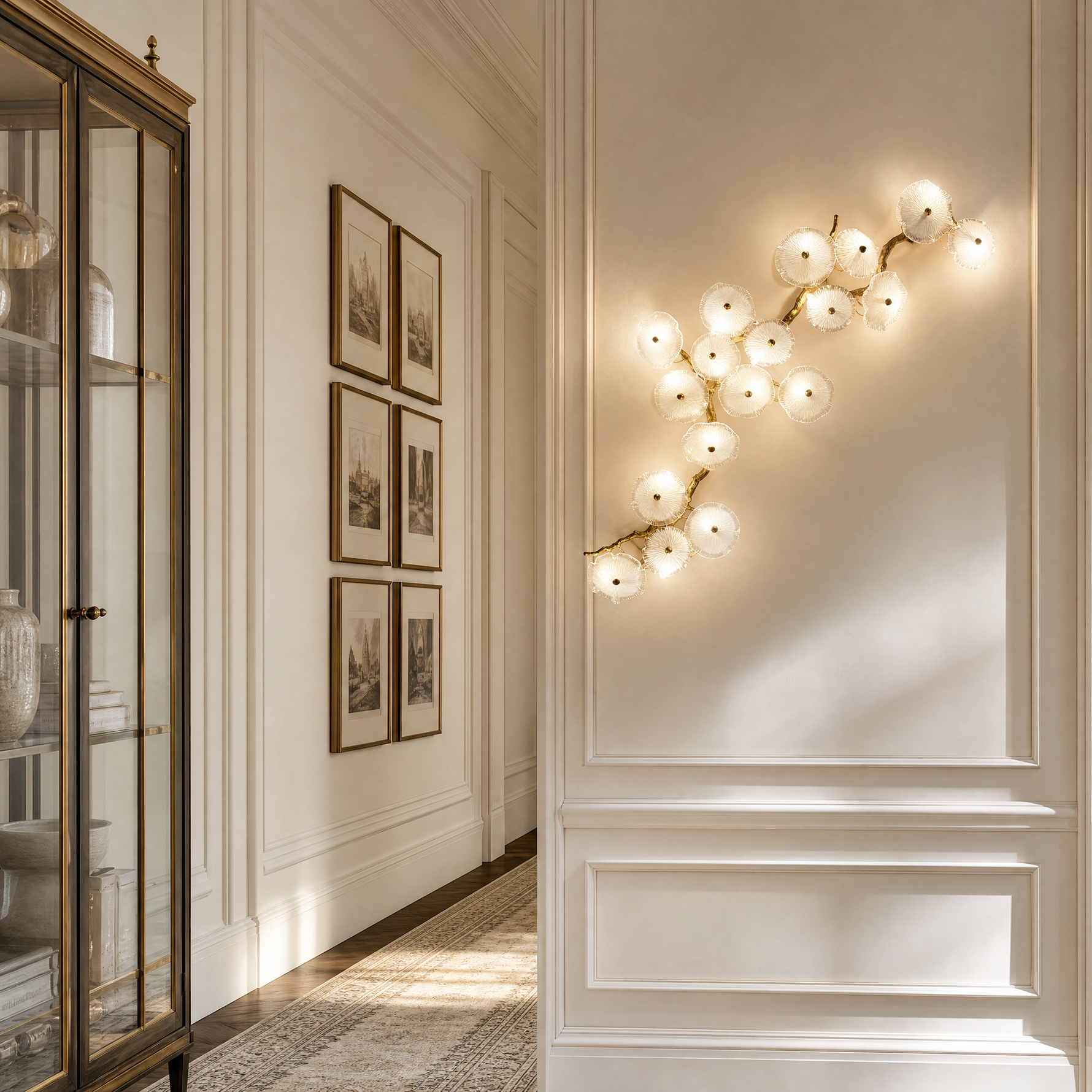 A modern wall sconce featuring an antique brass branch-like metal frame adorned with textured circular glass blossom shades.