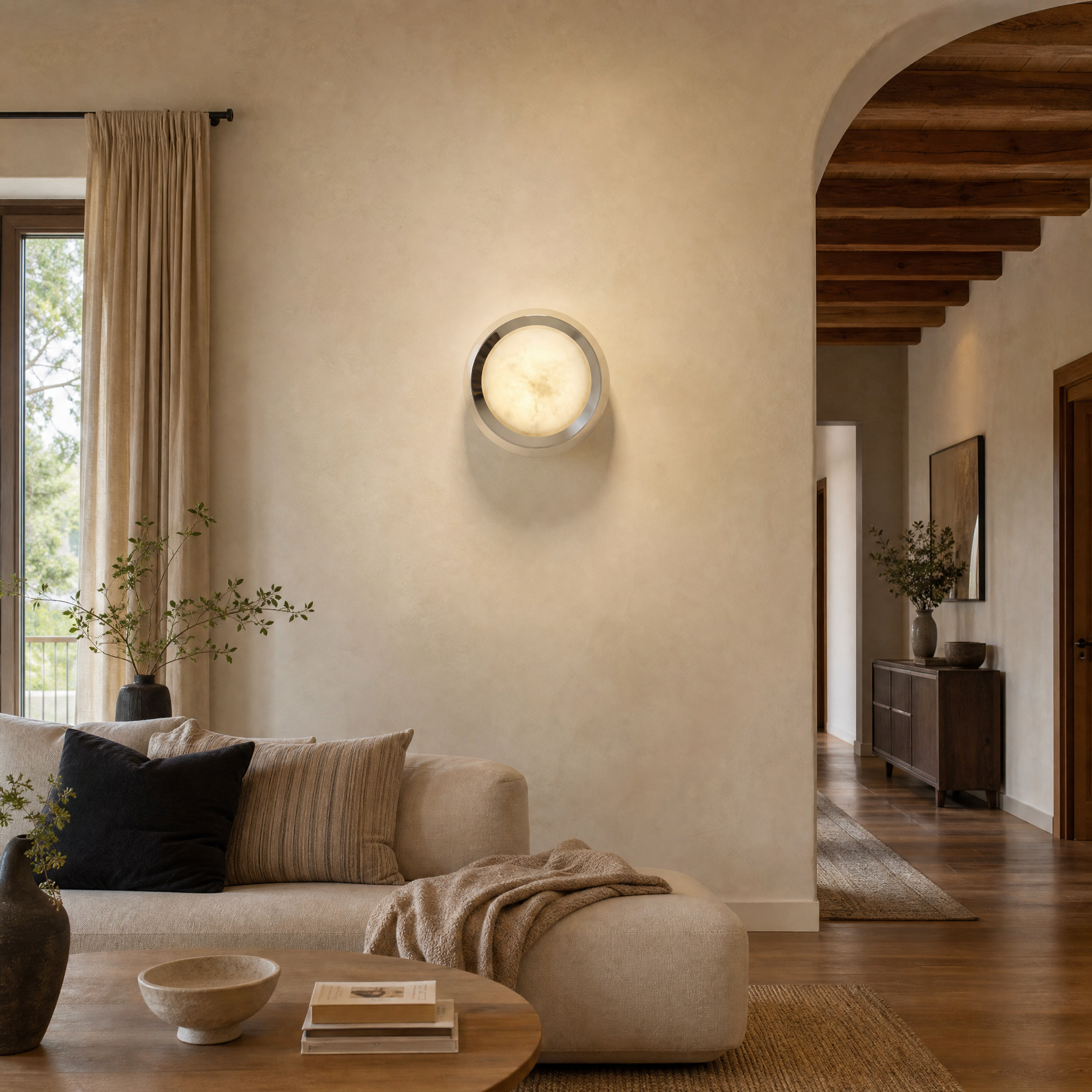 Luna Disc Chrome Bezel Alabaster Wall Sconce