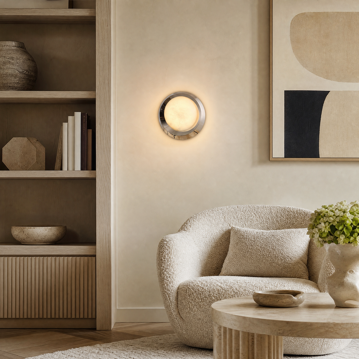 Luna Disc Chrome Bezel Alabaster Wall Sconce