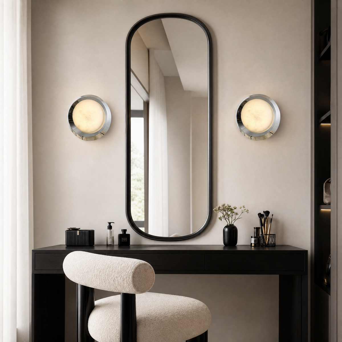 Luna Disc Chrome Bezel Alabaster Wall Sconce