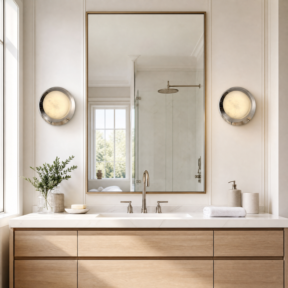 Luna Disc Chrome Bezel Alabaster Wall Sconce