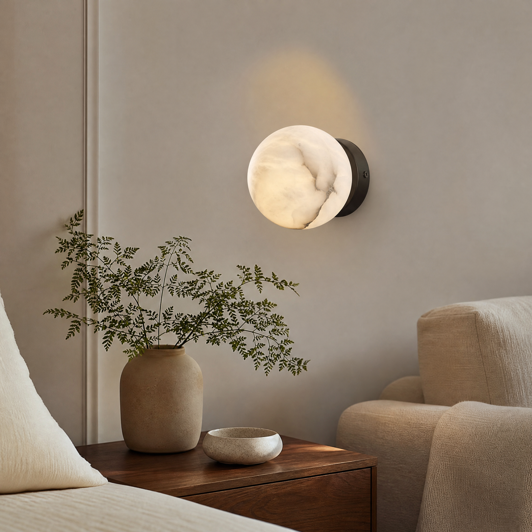 Luna Disc Compact Orb Alabaster Black Wall Sconce
